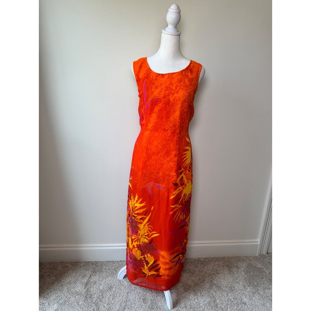 Vintage 90s Pretty Pink Tropical Floral Maxi Dress Size M Orange